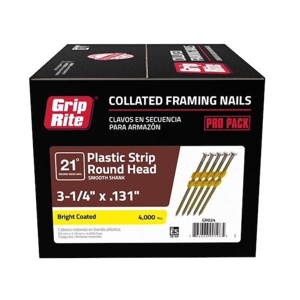 Collated Framing Nail, 3-1/4 in L, 10.25 ga, Bright, Round Head, 21 Degrees, 4000 PK